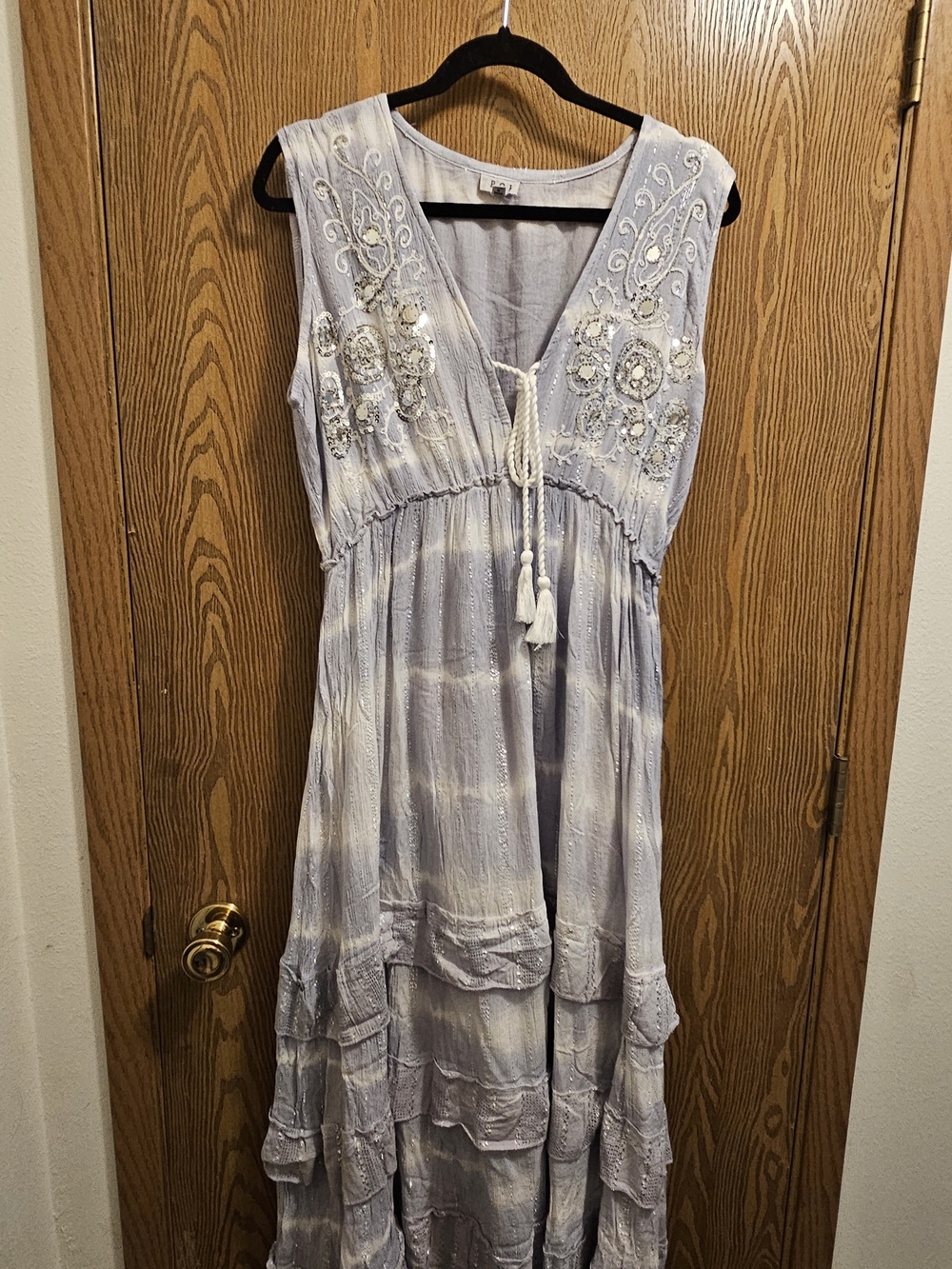 POL Dress- Boho Embroidered Tie-Front Maxi Dress in Light Lavender